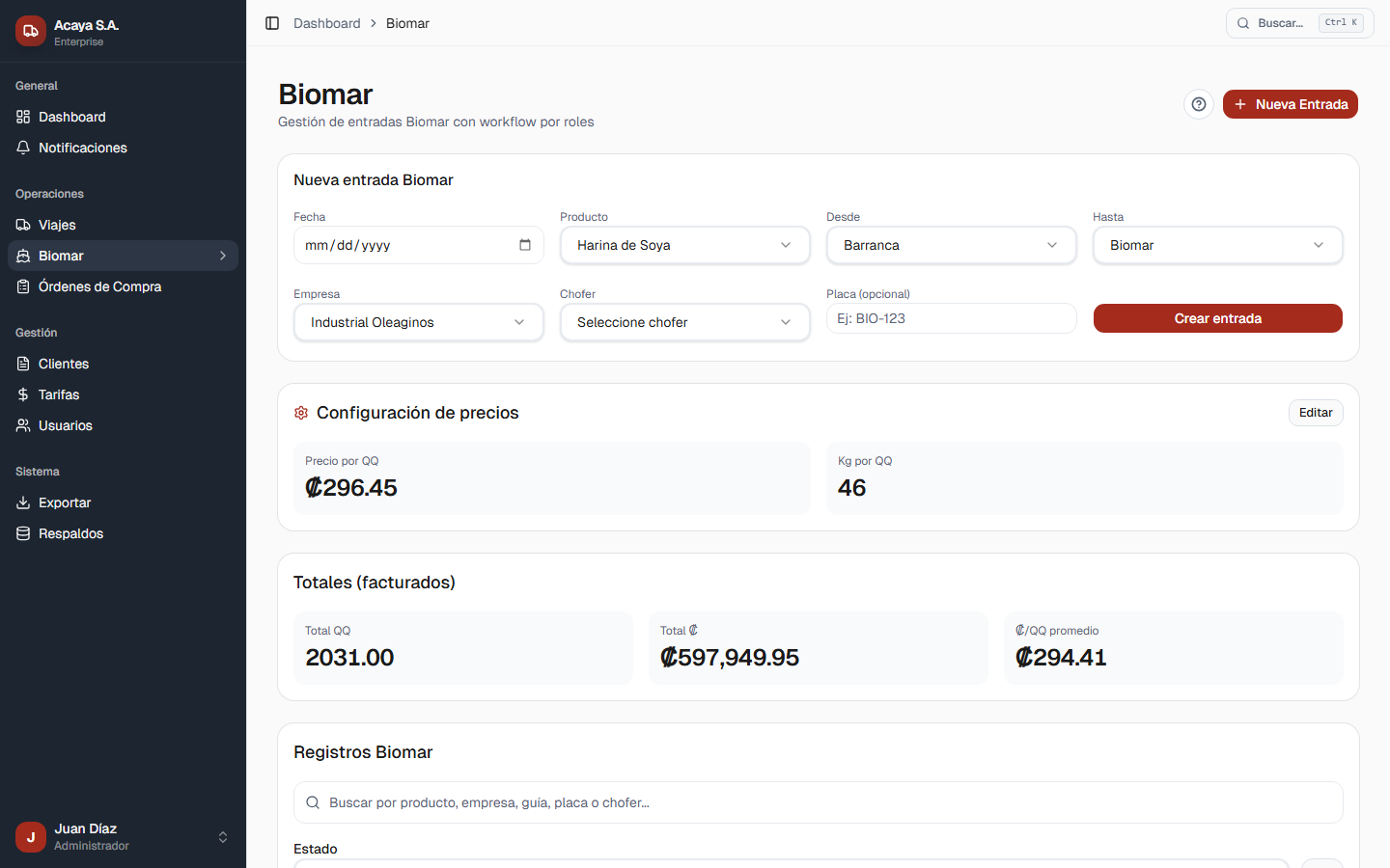 Formulario de nueva entrada Biomar