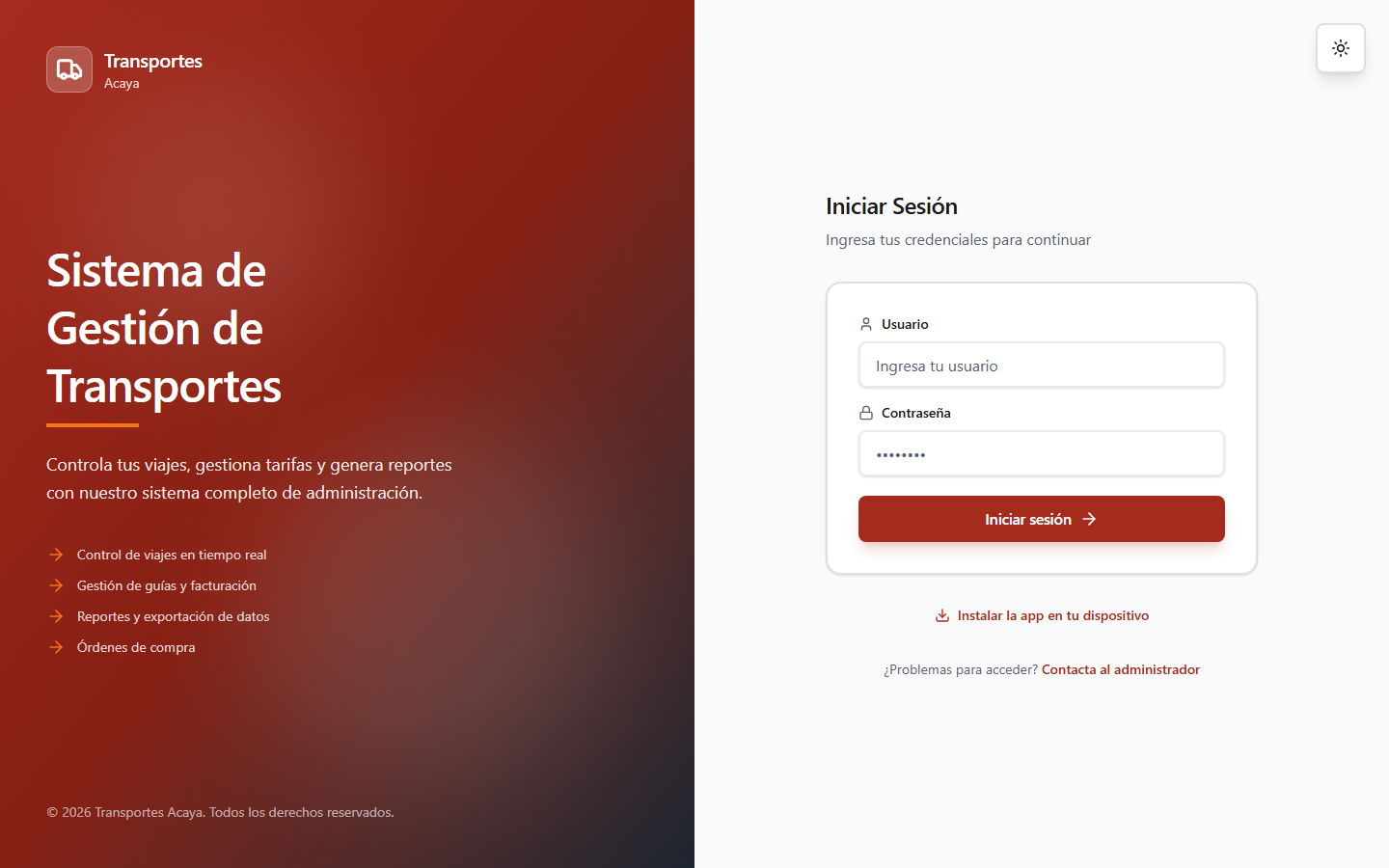 Pantalla de inicio de sesión